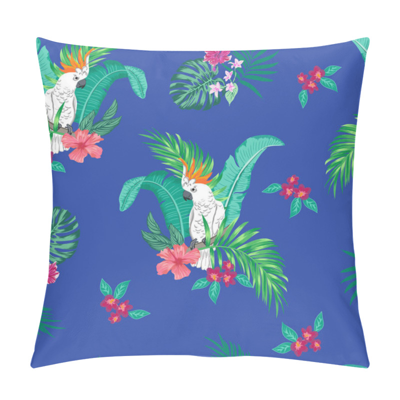 Personality  Vector Seamless Botanical Tropical Pattern With Parrots And Flowers. Floral Exotic Background Design With Banana Leaf, Areca Palm Leaves, Monstera Leaves, Hibiscus Flowers, Frangipani. Pillow Covers