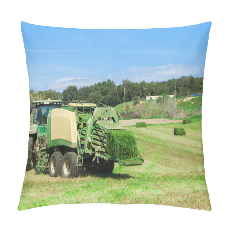 Personality  Spain, Catalonia, March 19, 2017. Tractor In The Field Mowing Alfalfa, Preparing Hay For Cattle. Pillow Covers