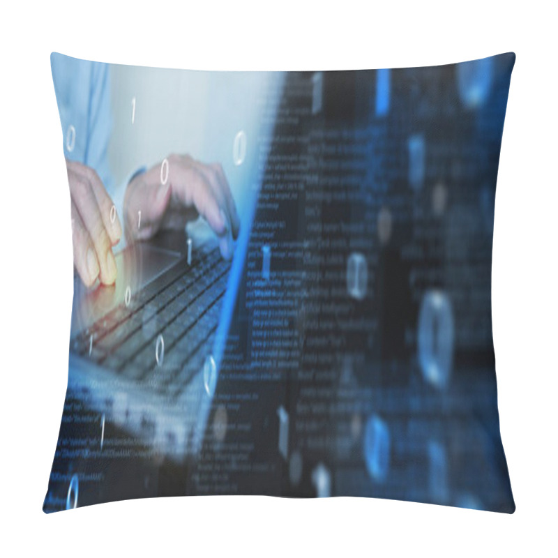 Personality  Software Development And Agile Methodology With Digital Technology. Programmer Coding And Software Engineer Working On Laptop With JavaScript Code On Virtual Screen Pillow Covers