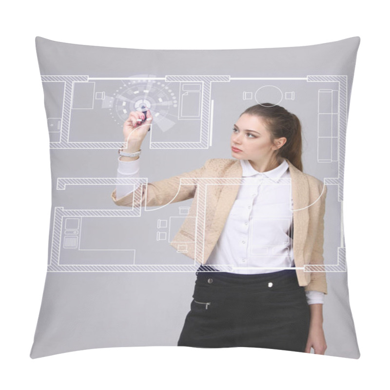 Personality  Female Architect Working With A Virtual Apartment Plan Pillow Covers