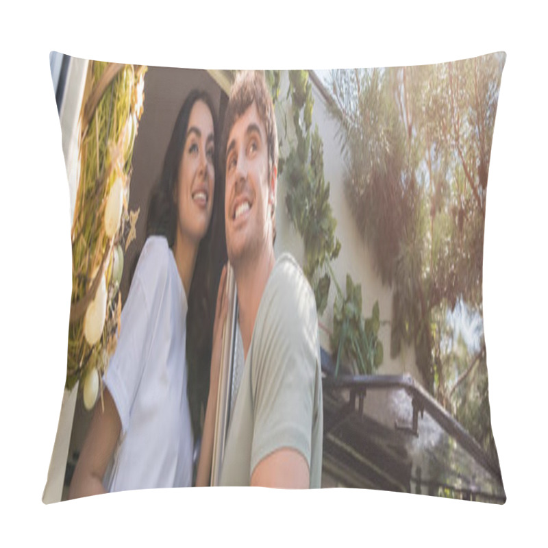 Personality  Low Angle View Of Cheerful Young Couple Looking Away Near Door Of Camper Van Outdoors, Banner  Pillow Covers