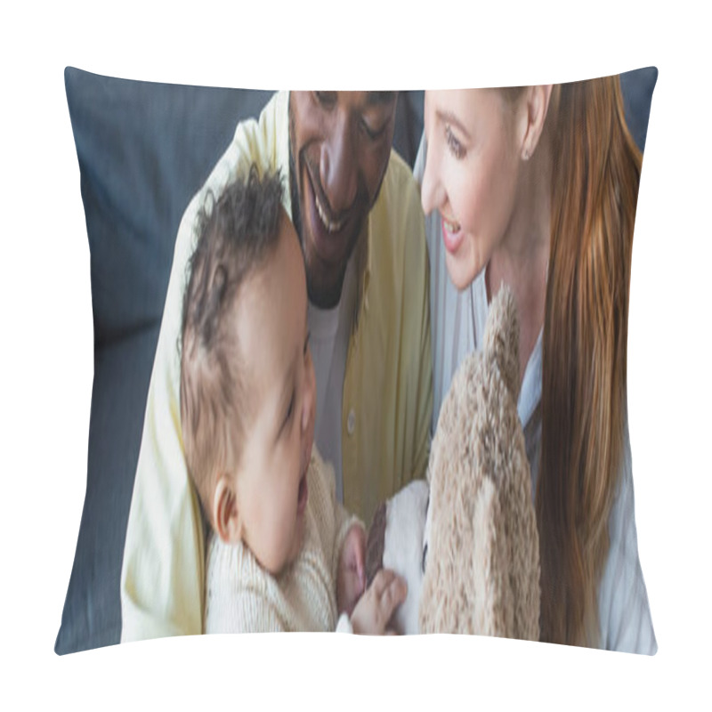 Personality  Happy Interracial Couple Looking At Cheerful Baby Touching Teddy Bear, Banner Pillow Covers