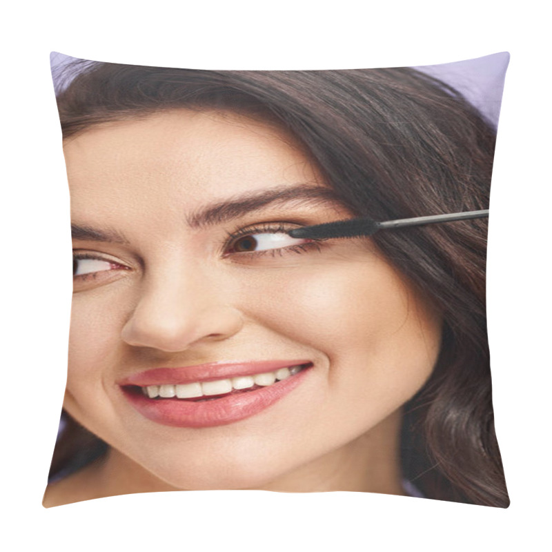 Personality  A Woman Delicately Applying Mascara With A Brush To Enhance Her Eye. Pillow Covers