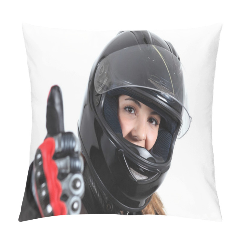 Personality  Happy Biker Woman With A Road Helmet And Thumb Up Pillow Covers