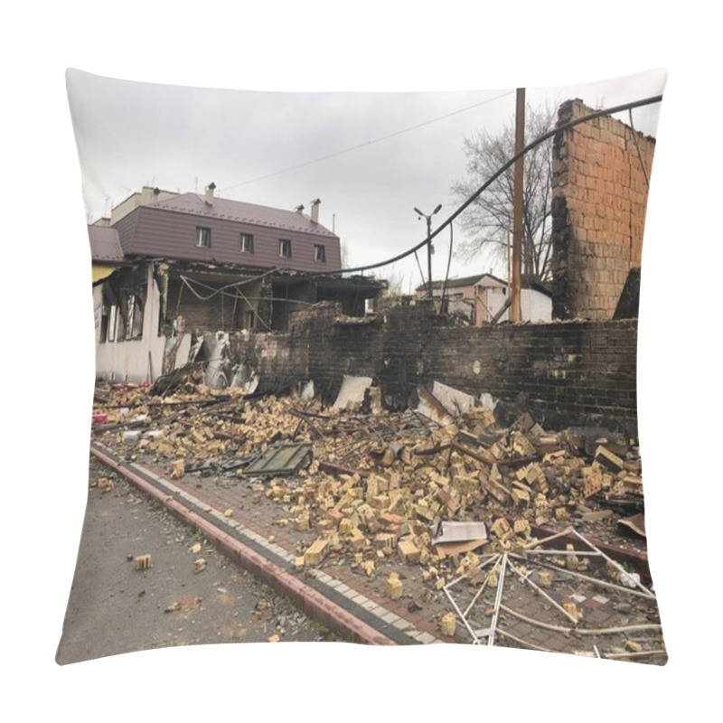 Personality  Borodyanka, Kyiv Region, Ukraine. April 08, 2022: Destroyed Building After Russian Occupation  Pillow Covers