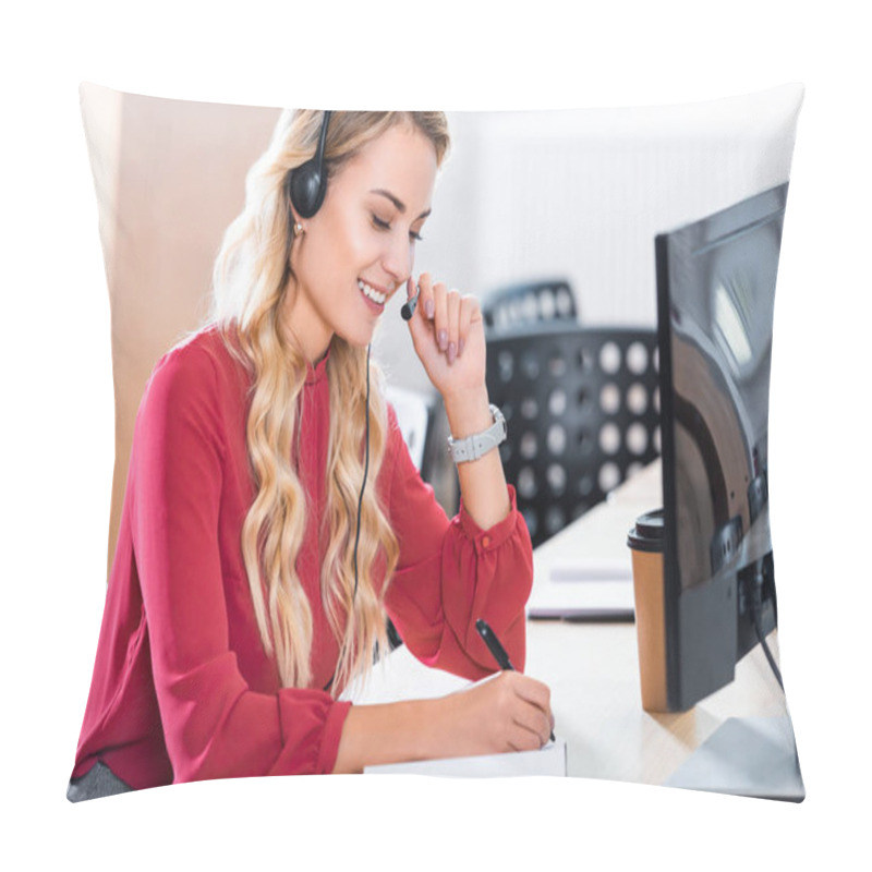 Personality  Side View Of Beautiful Female Call Center Operator In Headset At Workplace In Office Pillow Covers