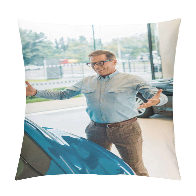 Personality  Excited Adult Man Looking At Luxury Sport Car In Showroom Pillow Covers