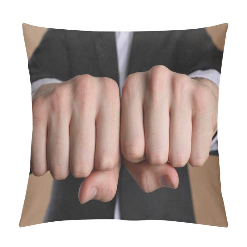 Personality  Businessman Showing Fists With Space For Tattoo On Beige Background, Selective Focus Pillow Covers