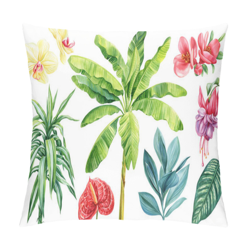 Personality  Watercolor Illustration Of Anthurium, Fuchsia, Quince, Flowers, Palm, Dracaena And Calathea Isolated, Tropical Plants Drawing. High Quality Illustration Pillow Covers