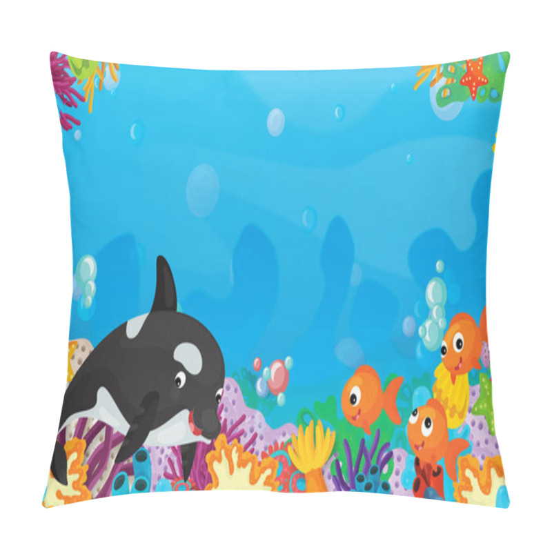 Personality  Cartoon Scene With Coral Reef With Happy And Cute Fish Swimming With Frame Space Text Killer Whale - Illustration For Children Pillow Covers