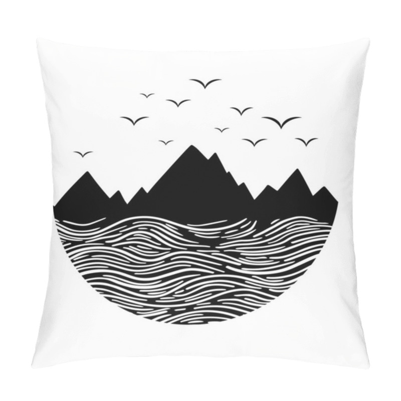 Personality  Mountain And Sea Black On White. Wanderlust Adventure Travel Circle Icon With Birds. Vector Illustration.  Pillow Covers