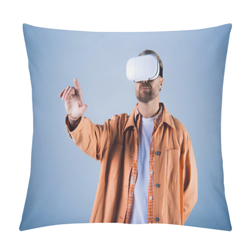 Personality  A Man In An Orange Jacket Delves Into The Metaverse With A Virtual Reality Headset In A Studio Setting. Pillow Covers