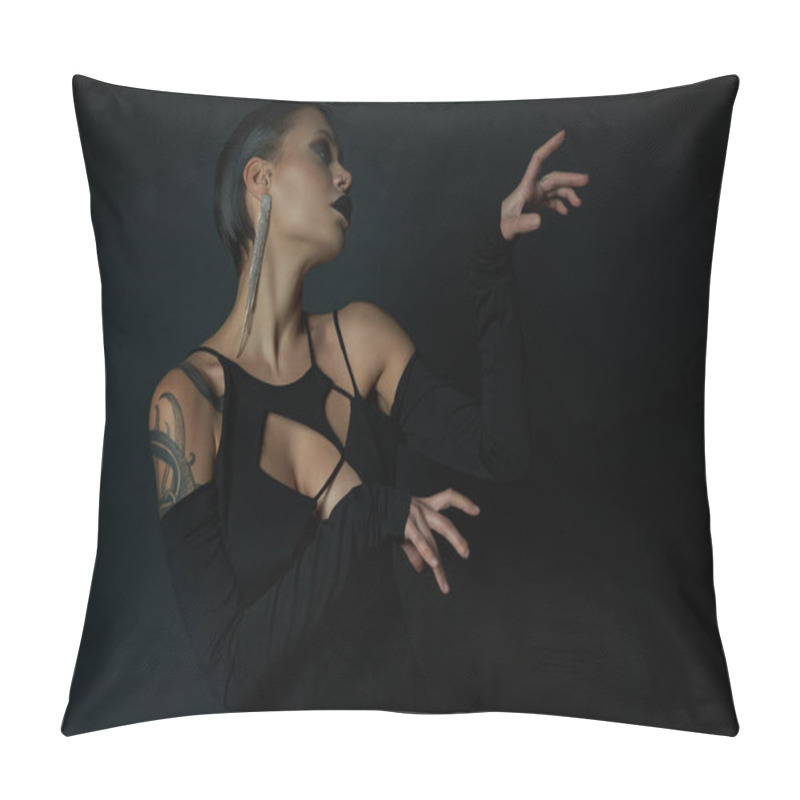 Personality  Sexy Tattooed Woman In Glamour Halloween Dress And Creepy Makeup Gesturing On Black Backdrop Pillow Covers