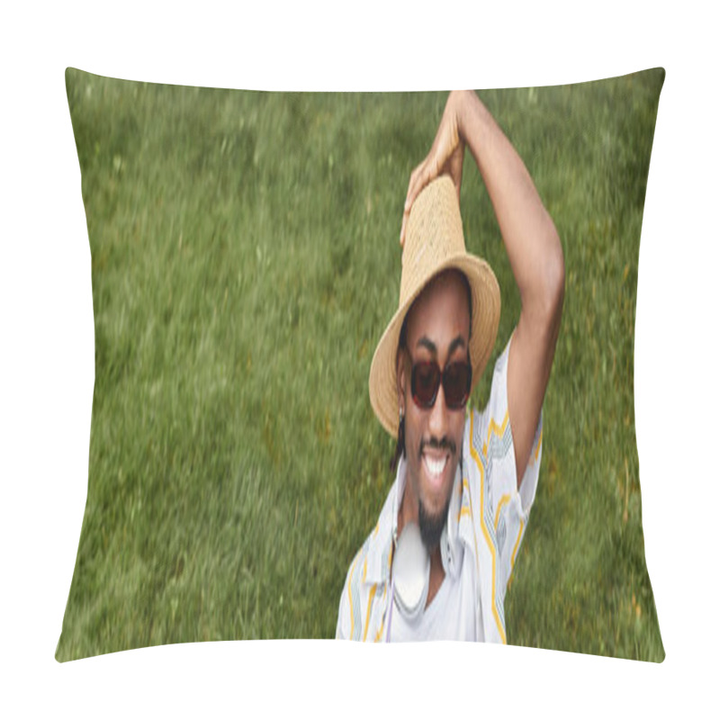 Personality  A Young African American Man Relaxes Outdoors, Embracing The Digital Nomad Lifestyle With Joy. Pillow Covers