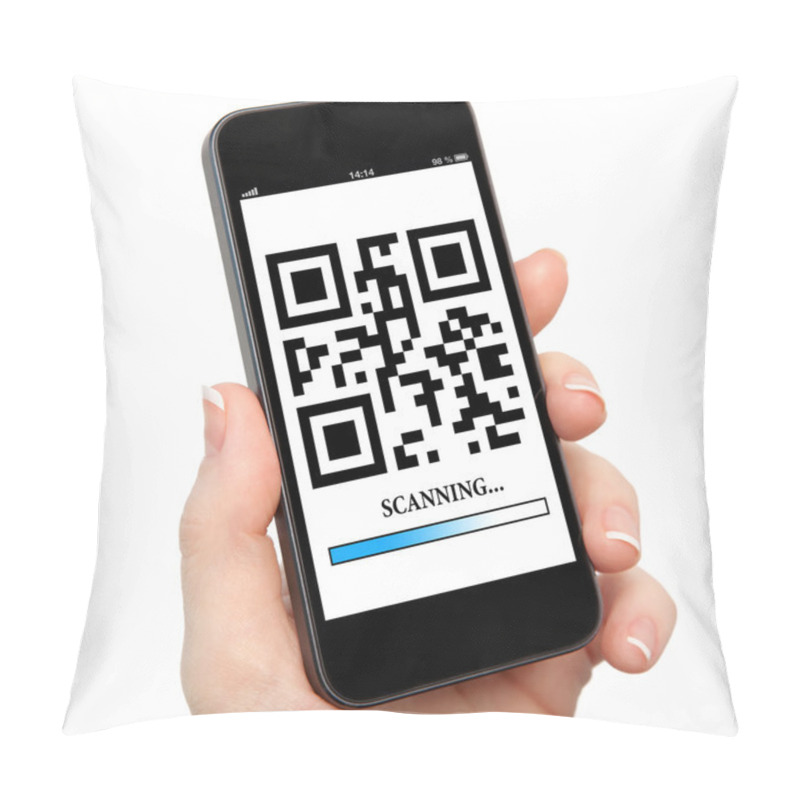 Personality  Woman Hand Holding A Phone With Qr Code On The Screen Pillow Covers