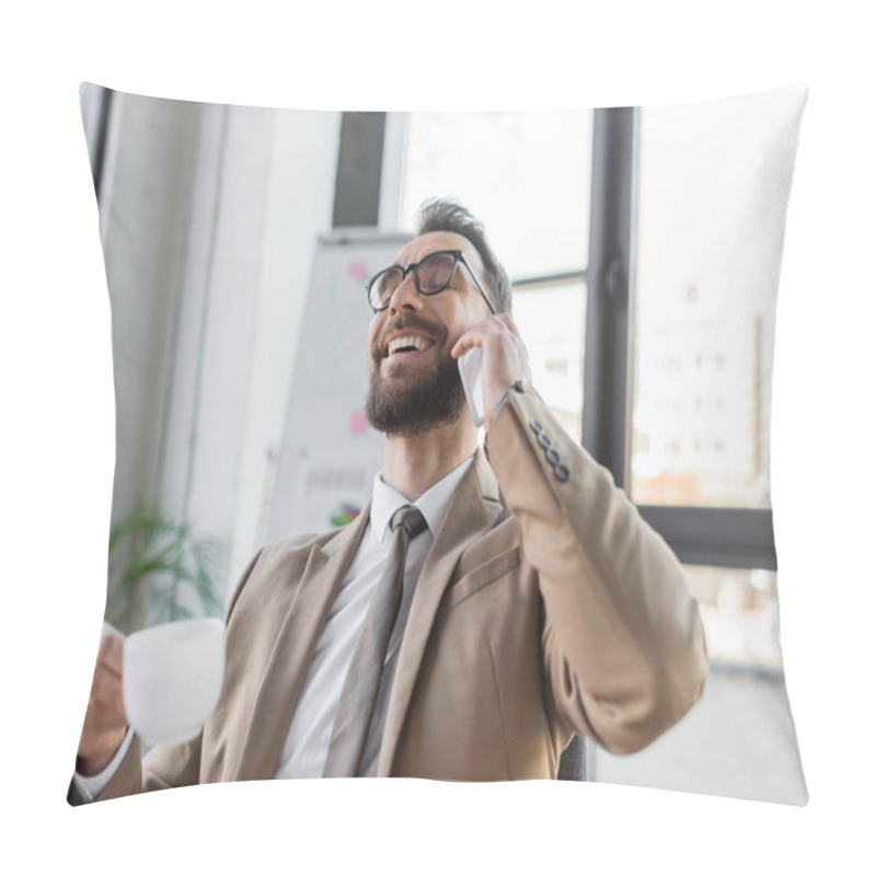 Personality  Overjoyed And Accomplished Entrepreneur In Trendy Business Attire Holding Coffee Cup And Talking On Mobile Phone Near Flip Chart Of Blurred Background In Office Pillow Covers