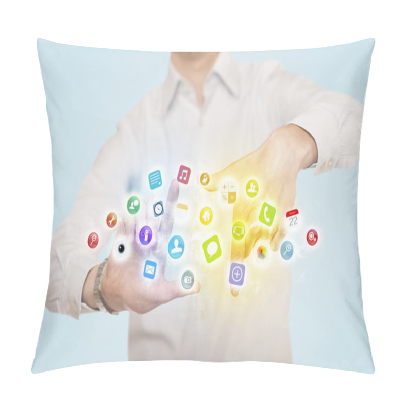 Personality  Hands Creating A Form With Mobile App Icons Pillow Covers