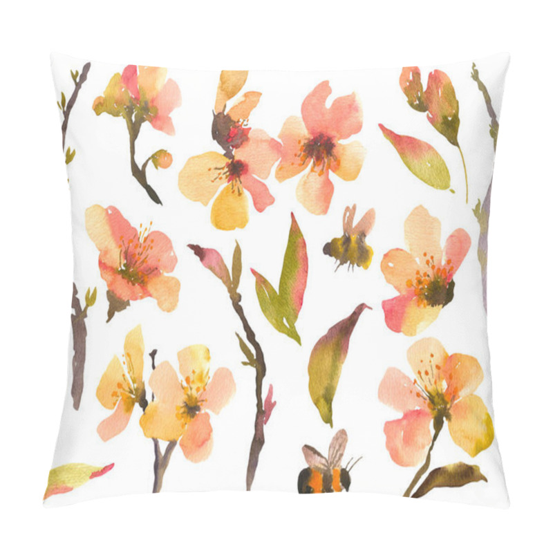 Personality  Watercolor Set Of Spring Flowers, Blooming Trees Branches. Natural Botanical Floral Illustration Isolated On White Background. Pillow Covers