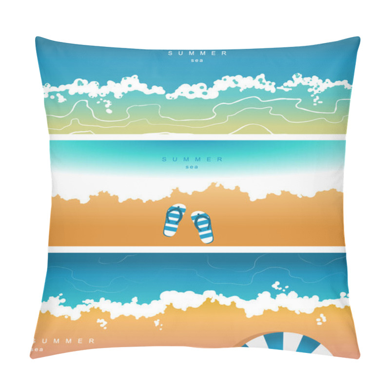 Personality  Vector Cover For Social Networks, Header With A Summer Mood, With The Image Of The Sea, Beach, Waves, Surf, Umbrella, Beach Shoes On The Sand Pillow Covers