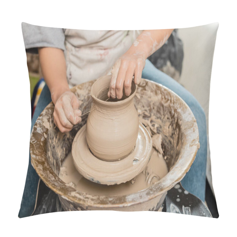 Personality  Cropped View Of Brunette Female Artisan In Apron Cutting Clay Vase On Pottery Wheel While Working In Ceramic Workshop At Background, Clay Shaping And Forming Process Pillow Covers