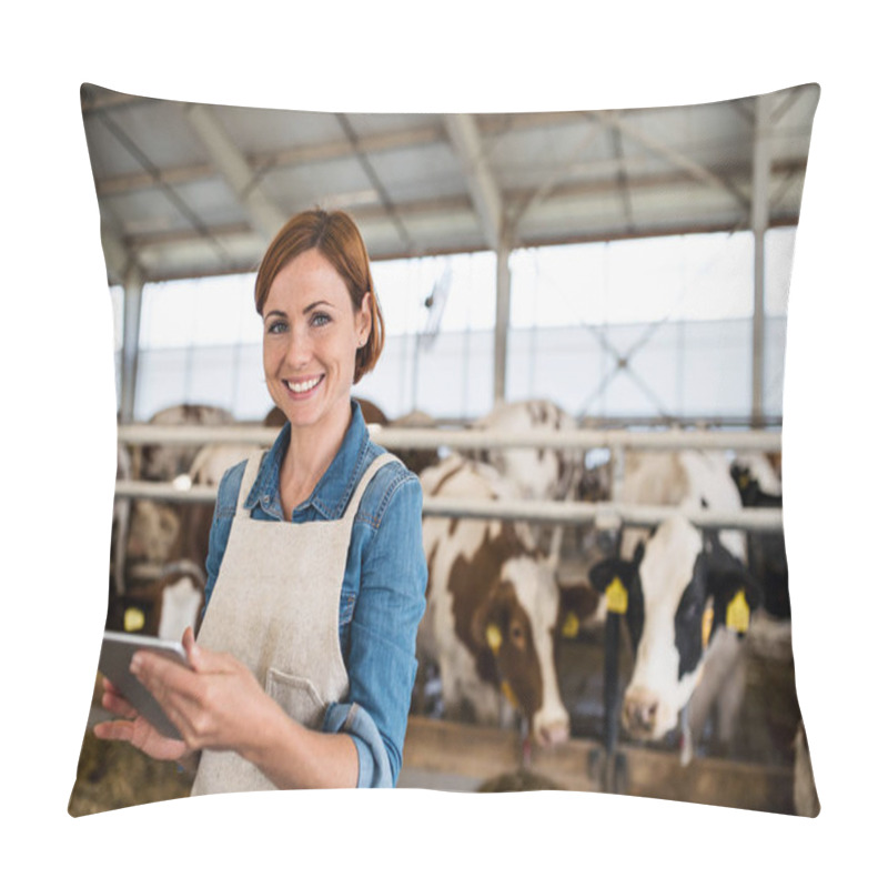 Personality  Woman Manager With Tablet Working On Diary Farm, Agriculture Industry. Pillow Covers