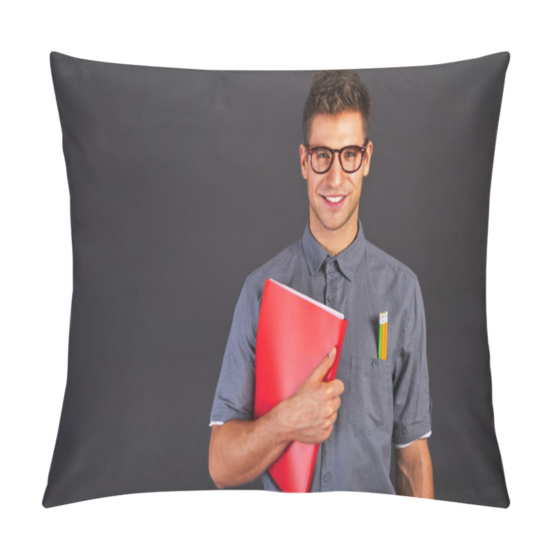 Personality  Portrait Of Funny Nerd Man With Pencyls And Glasses Over Black B Pillow Covers