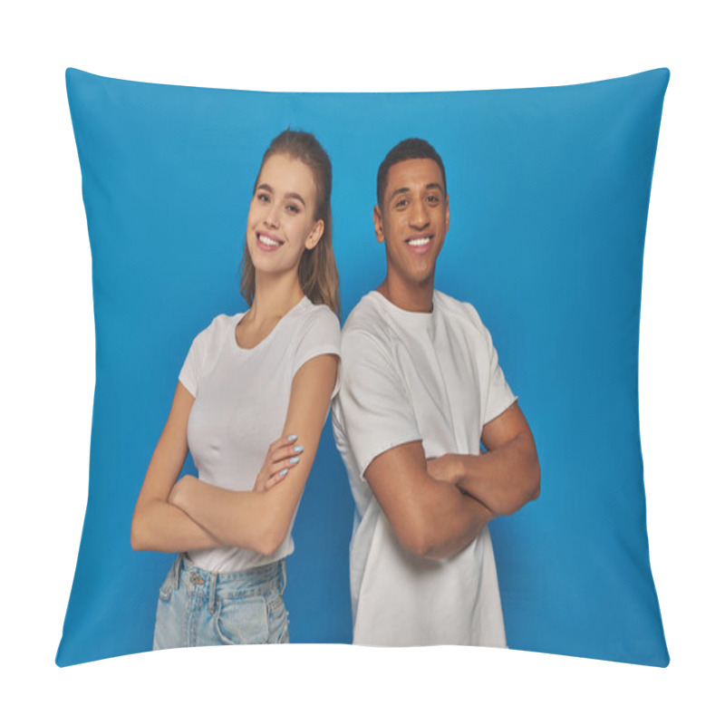 Personality  Cheerful Multicultural Couple Standing With Folded Arms And Looking At Camera On Blue Background Pillow Covers