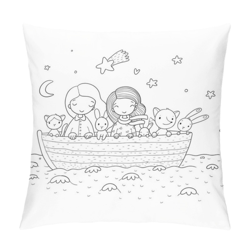 Personality  Cute Cartoon Kids In The Boat. Two Little Sisters, Funny Hares And A Cat. Best Friends Went On A Trip. Pillow Covers