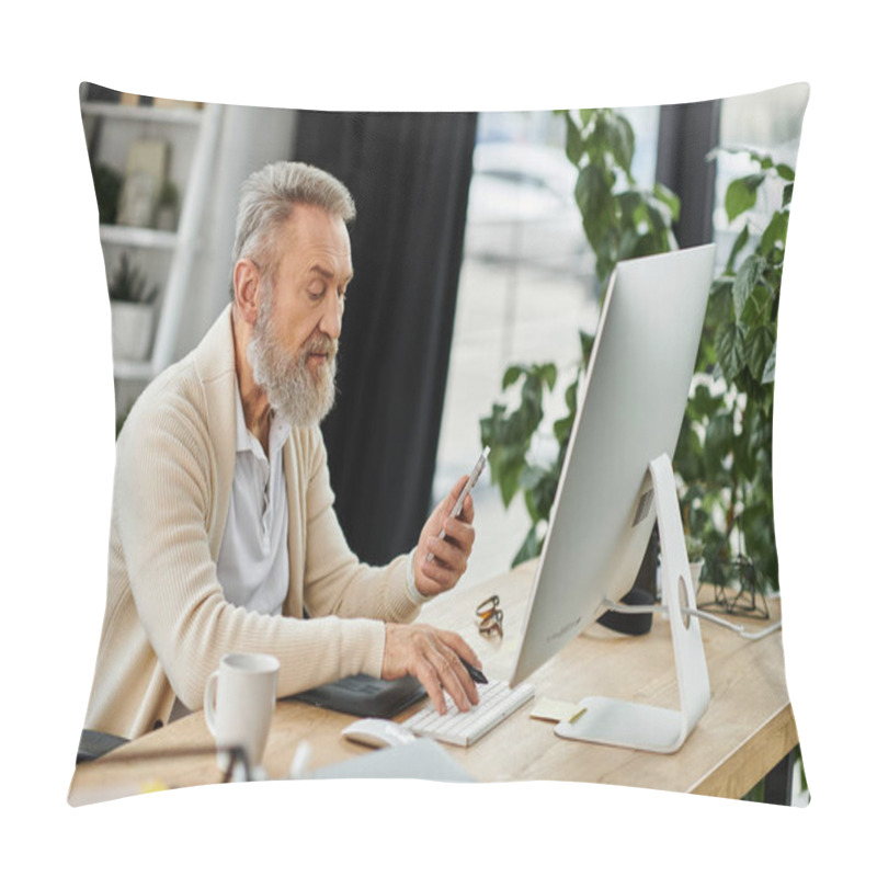 Personality  A Mature Handsome Man Focuses On His Tasks At A Modern Desk, Checking His Phone In Natural Light. Pillow Covers