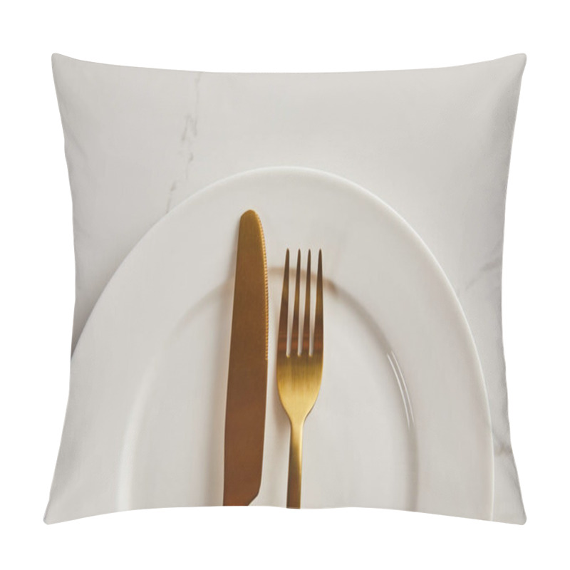 Personality  Top View Of Golden Knife And Fork On Clean White Plate On Marble Table Pillow Covers