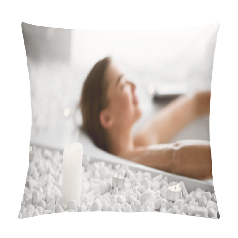 Personality  Young Woman Relaxing In Bath With Candles Pillow Covers