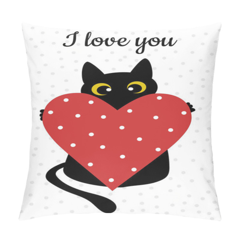 Personality  Black Cat And Red Heart With Polka Dots On A Gray Background. Greeting Card For Valentine's Day, Declaration Of Love. Pattern For Fashionable Prints On Cups, Textiles, Clothes, Notebooks. Pillow Covers