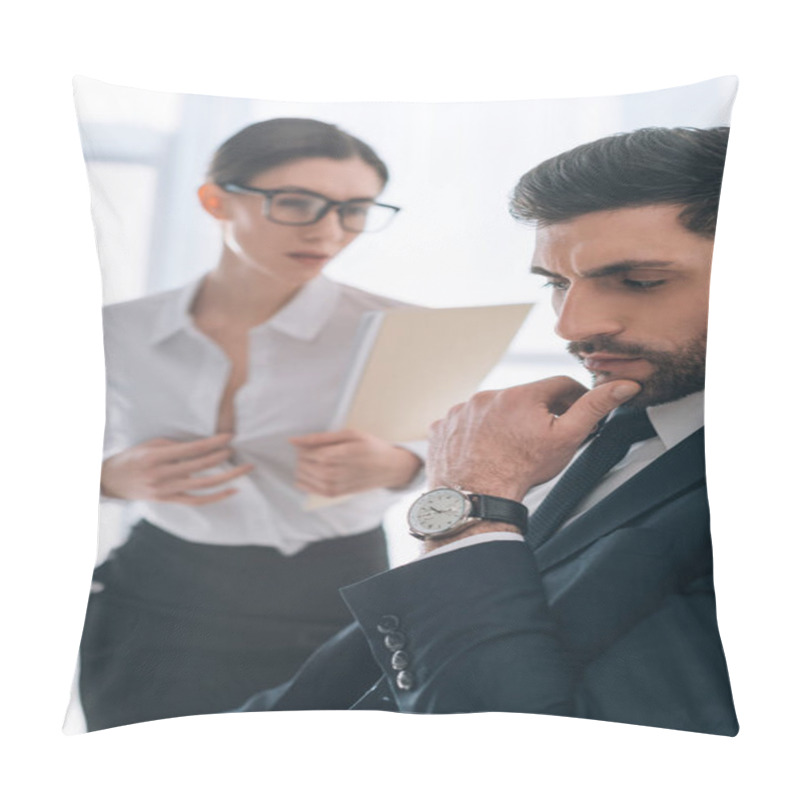 Personality  Selective Focus Of Pensive Businessman And Secretary With Big Bust On Background Pillow Covers