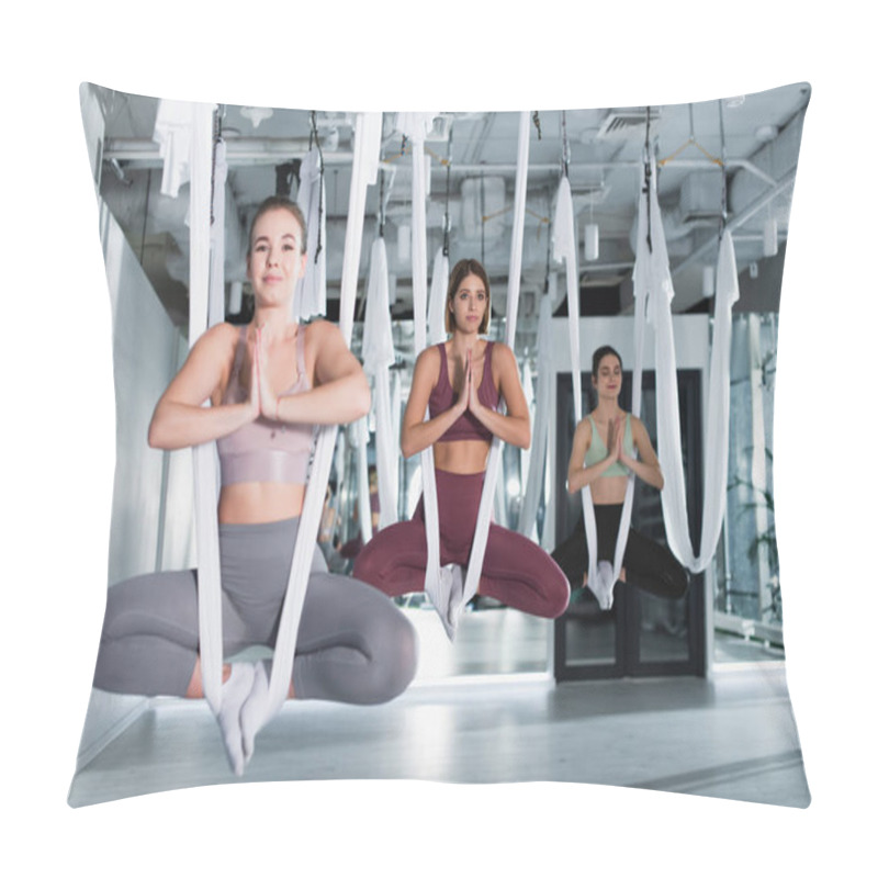 Personality  Sportive Women Meditating In Lotus Pose While Practicing Fly Yoga Pillow Covers