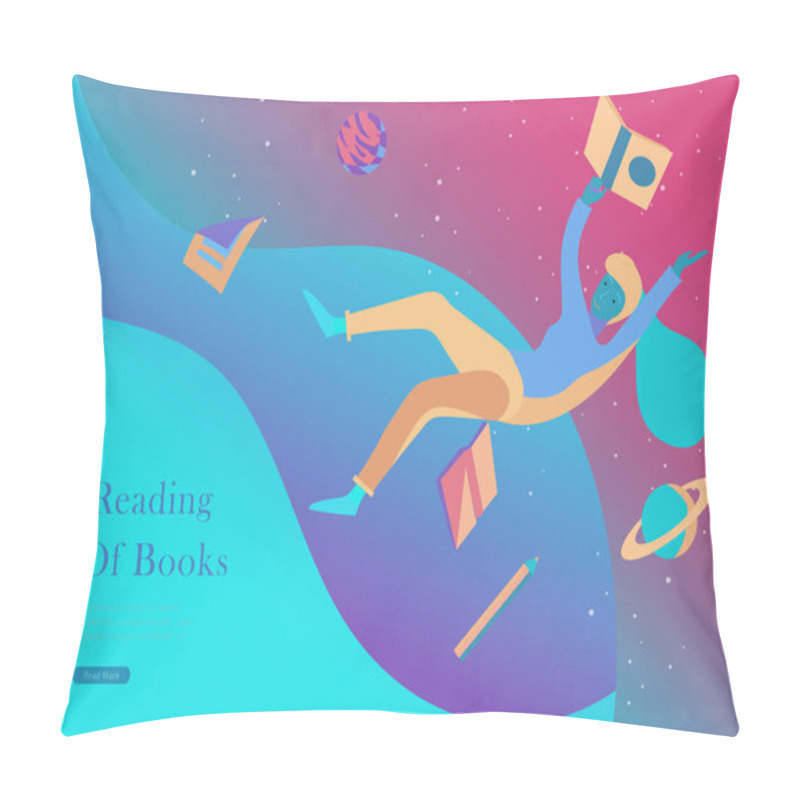 Personality  Landing Page Templates Set. Inspired People Flying In Space And Reading Books. Characters Moving And Floating In Dreams, Imagination And Freedom Inspiration. Flat Design Style Pillow Covers