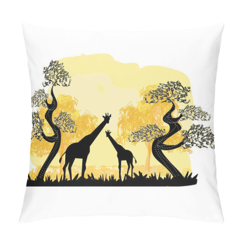 Personality  Two Giraffes Silhouette, With Jungle Landscape Pillow Covers