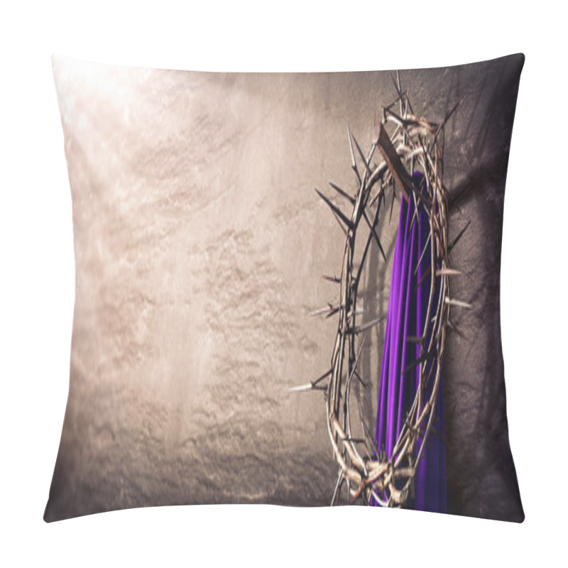 Personality  Crown Of Thorns And Purple Robe Hanging On Nail In Stone Wall With Light Rays - Crucifixion Of Jesus Christ Pillow Covers