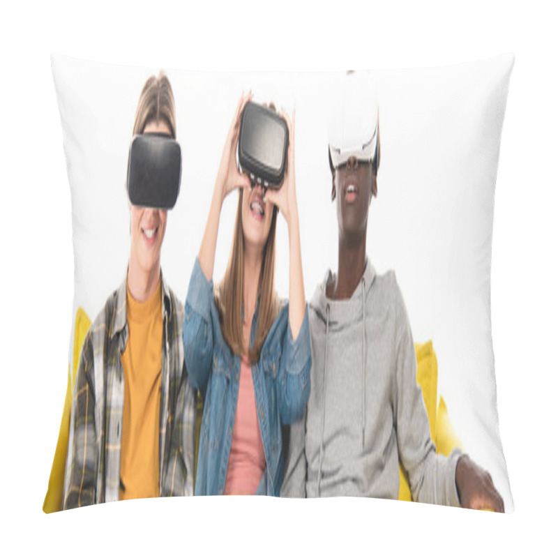 Personality  Panoramic Shot Of Smiling Multiethnic Teenagers Using Vr Headsets On Couch Isolated On White Pillow Covers