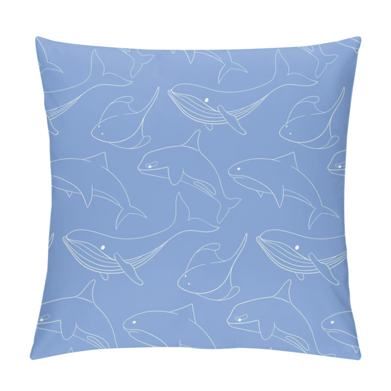 Personality  Seamless Pattern Featuring Outline Illustration Of Marine Animal, Including Whale, Shark, Orca And Manta Ray On A Blue Background. Perfect For Ocean Themed Design, Fabric, Wallpaper And Stationery. Pillow Covers