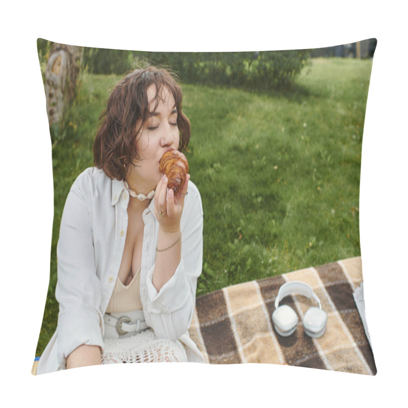 Personality  A Young Woman In A White Shirt Relaxes On A Picnic Blanket, Delighting In A Croissant Under The Sun. Pillow Covers