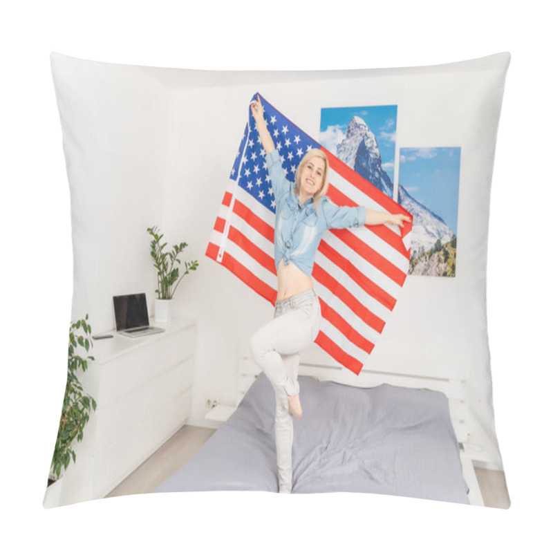 Personality  Portrait Of A Smiling Woman Covering With USA Flag On A White Background Pillow Covers