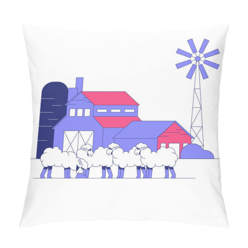 Personality  A Flock Of Sheep Grazing In Front Of A Barn With A Silo And Windmill, Symbolizing Rural Farming, Livestock Management, And Sustainable Agriculture Practices. Pillow Covers