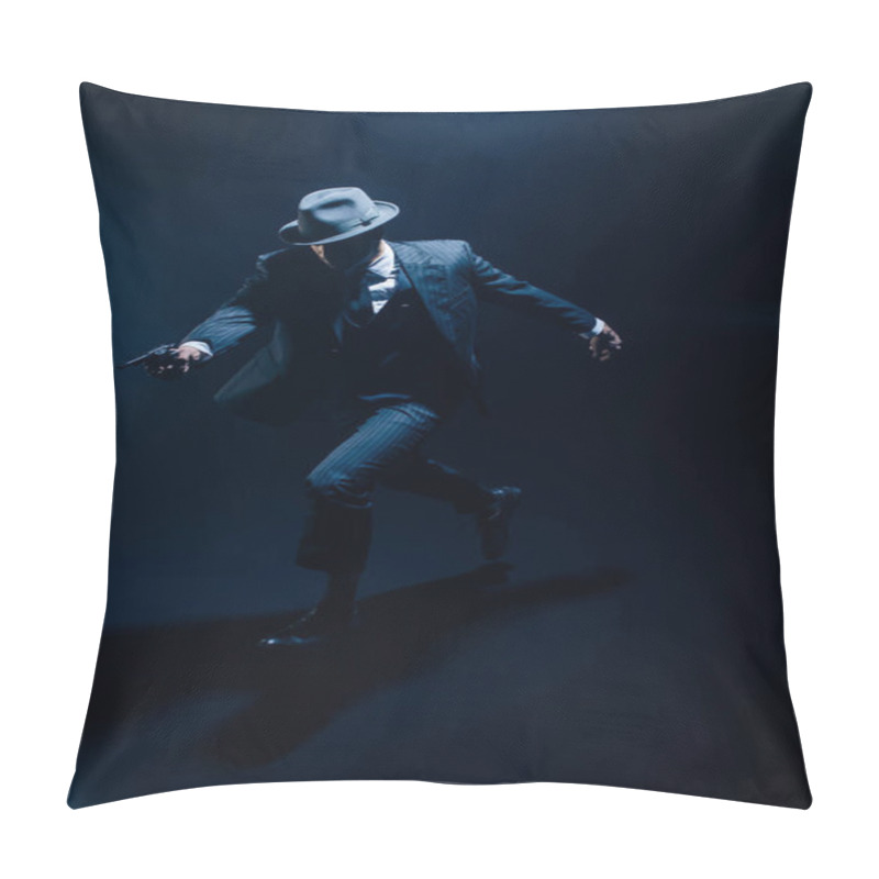 Personality  Gangster With Outstretched Hand Aiming Weapon And Running On Dark  Pillow Covers