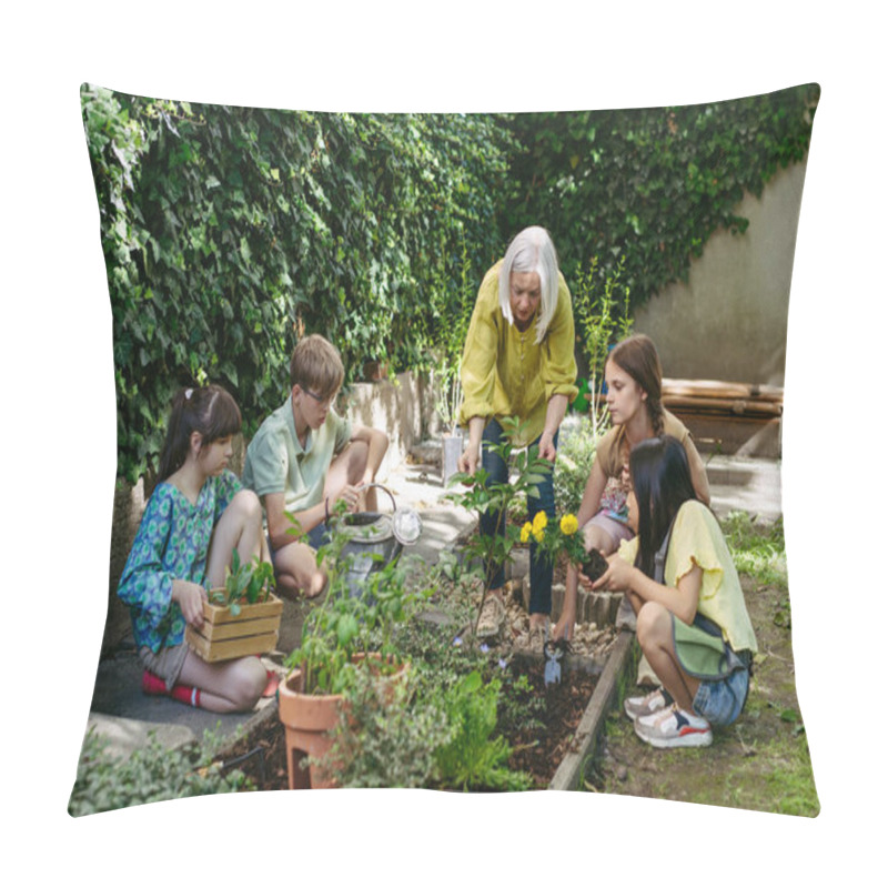 Personality  Students And Female Teacher At Outdoor Sustainable Education Class. Kids Taking Care Of Plants In School Garden. Concept Of Experiential Learning, Ecoliteracy. Pillow Covers