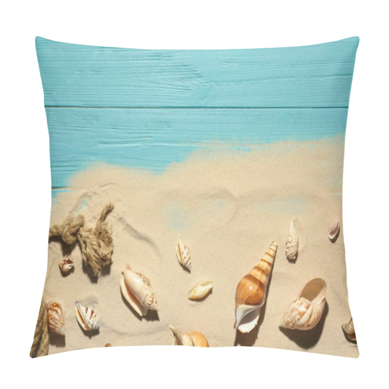 Personality  Flat Lay Composition With Seashells, Beach Sand And Space For Text On Wooden Background Pillow Covers