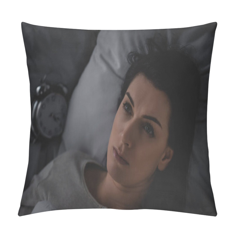 Personality  Top View Of Awake Woman With Insomnia Lying On Bed Near Alarm Clock  Pillow Covers