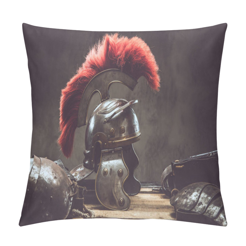 Personality  Complete Combat Equipment Of The Ancient Greek Warrior Lie On A Box Of Wooden Boards. Isolated On A Dark Background. Pillow Covers