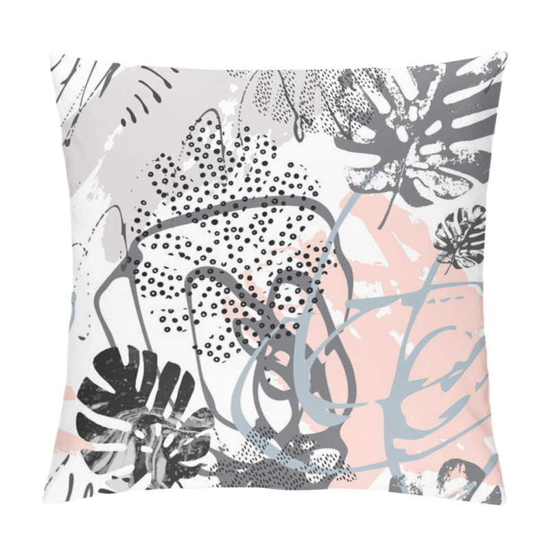 Personality  Modern Art Illustration With Tropical Leaves, Grunge, Marbling Textures, Doodles, Geometric, Minimal Elements. Pillow Covers