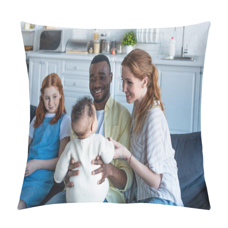 Personality  Happy African American Man Holding Infant Child Near Smiling Multiethnic Family Pillow Covers