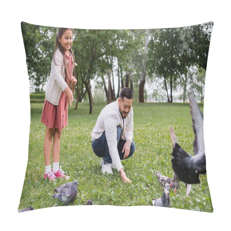 Personality  Positive Asian Family Feeding Doves On Lawn In Summer Park  Pillow Covers